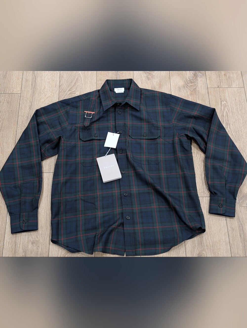 $1300 Mens Alexander McQueen Harness Utility Button Up Shirt Black/Green/Navy 16